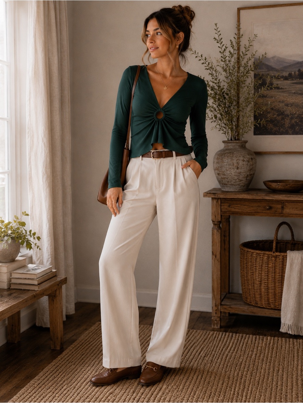 Abercrombie & Fitch Dark Green Long-Sleeve V-Neck Top with Ring Detail